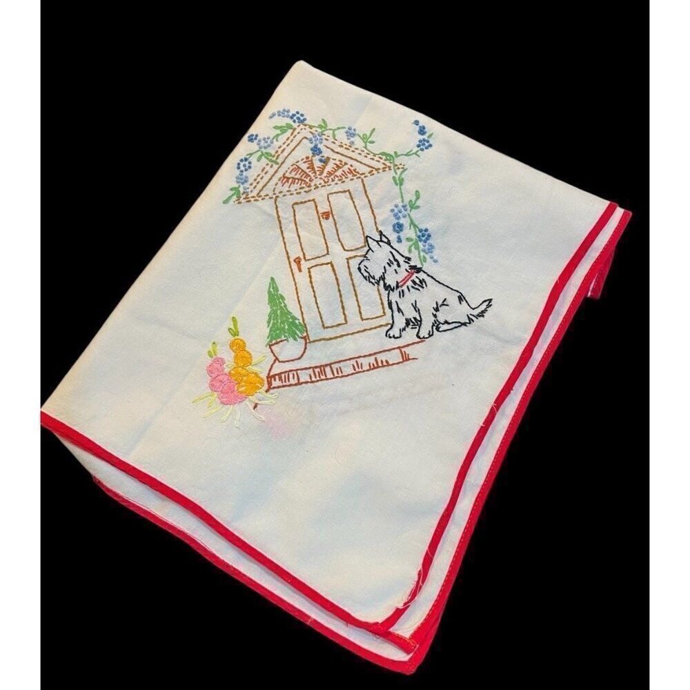 Hand Embroidered Scottish Terrier Bridge Card Table Tablecloth Scottie Dog
